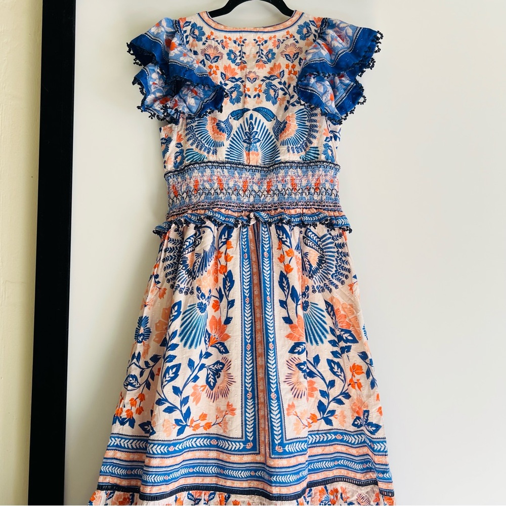FARM Rio x Anthropologie V-Neck Maxi Dress Size Small NWT Blue Orange Bird Print - Picture 8 of 13